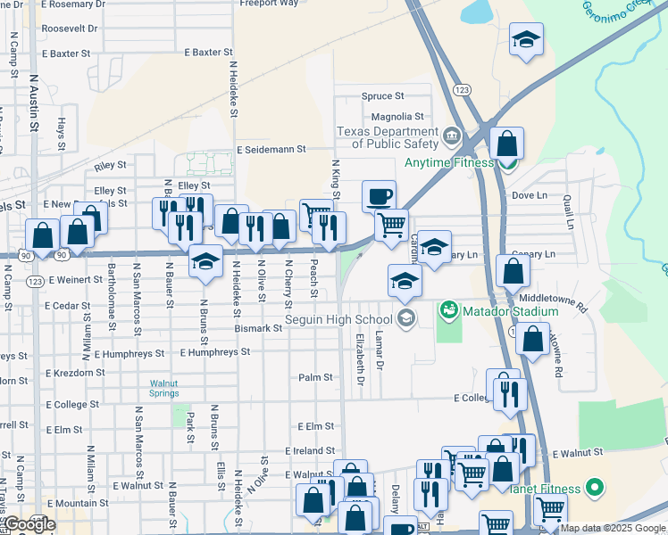 map of restaurants, bars, coffee shops, grocery stores, and more near 1204 North King Street in Seguin