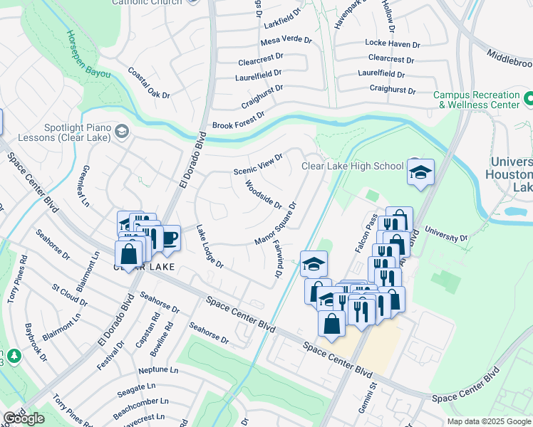 map of restaurants, bars, coffee shops, grocery stores, and more near 15931 Meadowside Drive in Houston