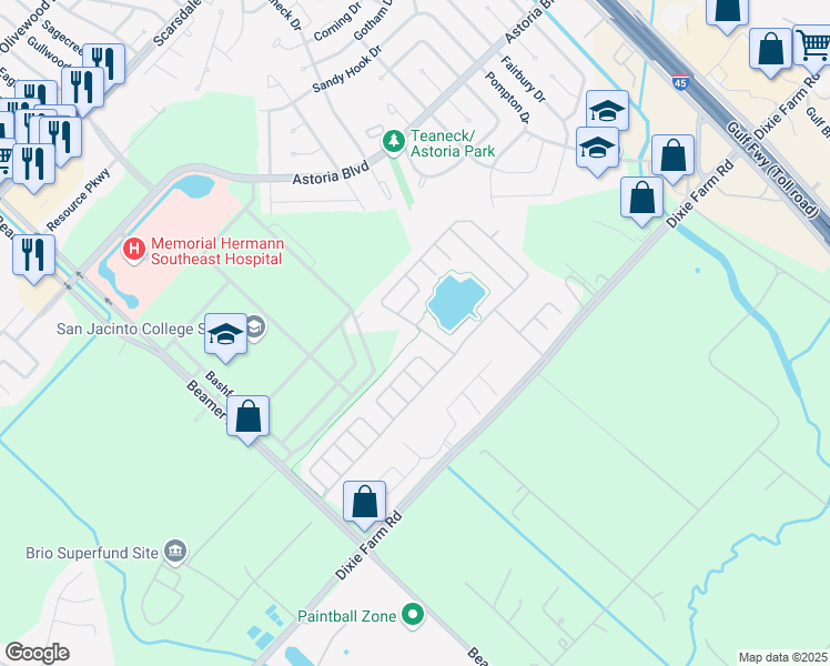 map of restaurants, bars, coffee shops, grocery stores, and more near 12119 Redbud Brook Trail in Houston