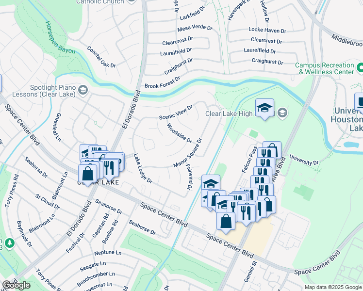 map of restaurants, bars, coffee shops, grocery stores, and more near 15931 Meadowside Drive in Houston
