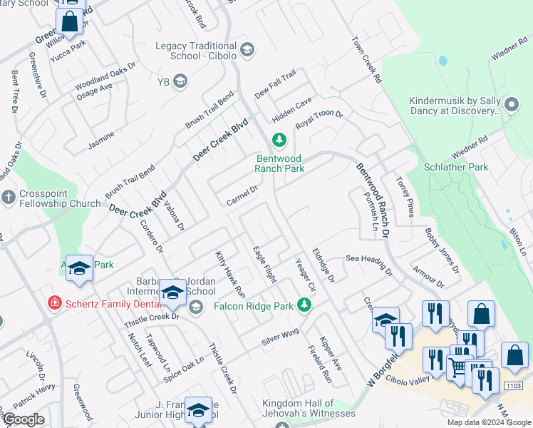 map of restaurants, bars, coffee shops, grocery stores, and more near 325 Moonlight Court in Cibolo