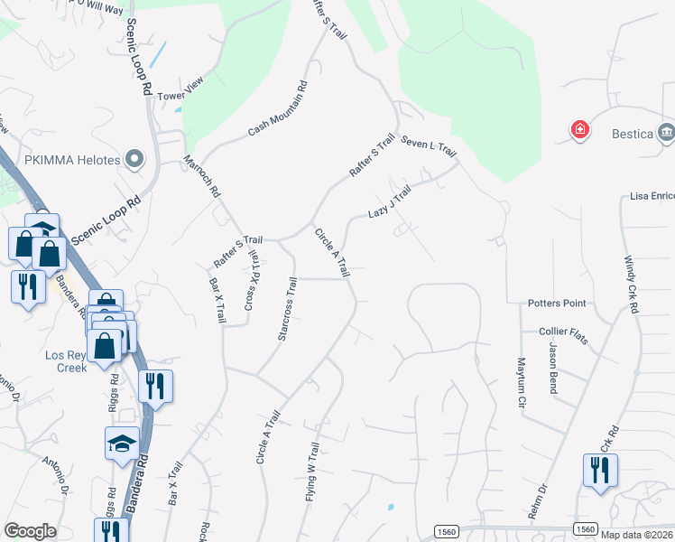 map of restaurants, bars, coffee shops, grocery stores, and more near 10203 Rafter O Trail in Helotes