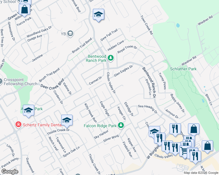 map of restaurants, bars, coffee shops, grocery stores, and more near 325 Apache Ledge in Cibolo