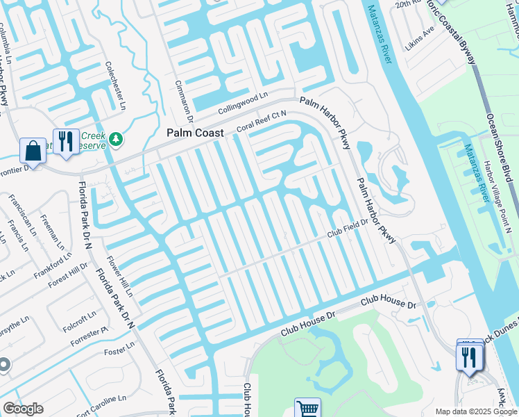 map of restaurants, bars, coffee shops, grocery stores, and more near 40 Clinton Court North in Palm Coast