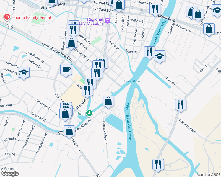 map of restaurants, bars, coffee shops, grocery stores, and more near 2055 Havers Street in Houma
