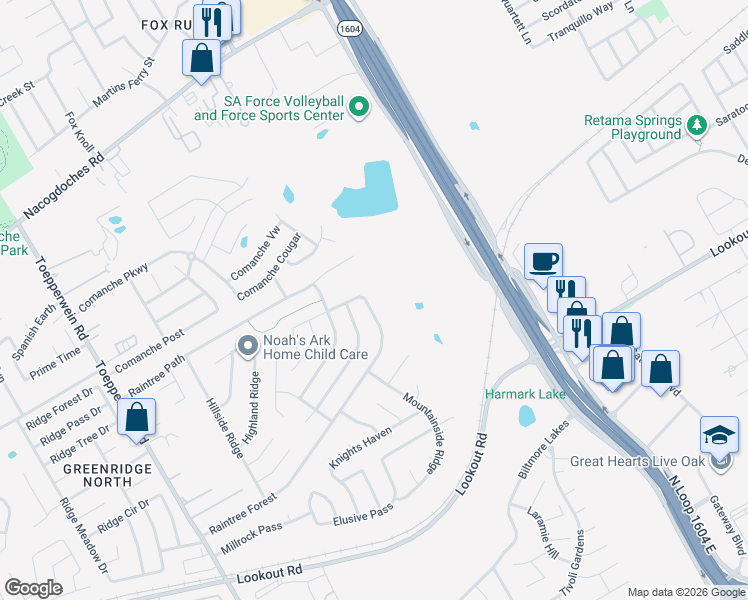 map of restaurants, bars, coffee shops, grocery stores, and more near 7231 Raintree Forest in San Antonio