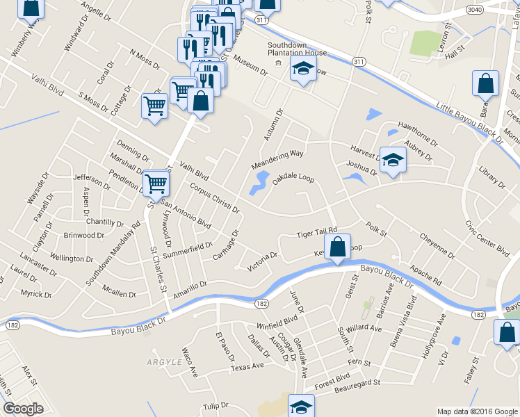 map of restaurants, bars, coffee shops, grocery stores, and more near 421 Valhi Blvd in Houma