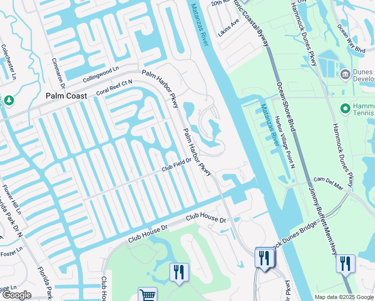 map of restaurants, bars, coffee shops, grocery stores, and more near 3 Coral Reef Court in Palm Coast