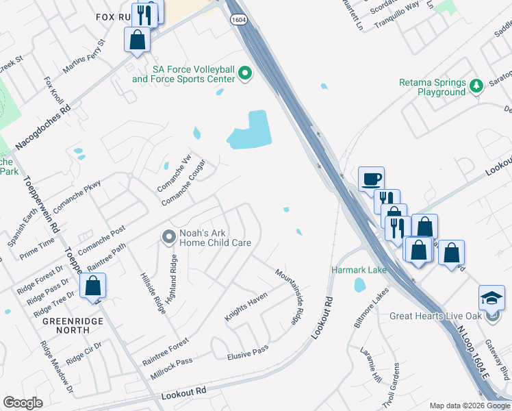 map of restaurants, bars, coffee shops, grocery stores, and more near 7231 Raintree Forest in San Antonio