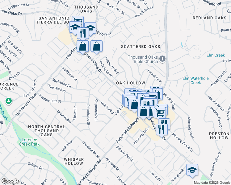 map of restaurants, bars, coffee shops, grocery stores, and more near 2919 Moss Tree Street in San Antonio