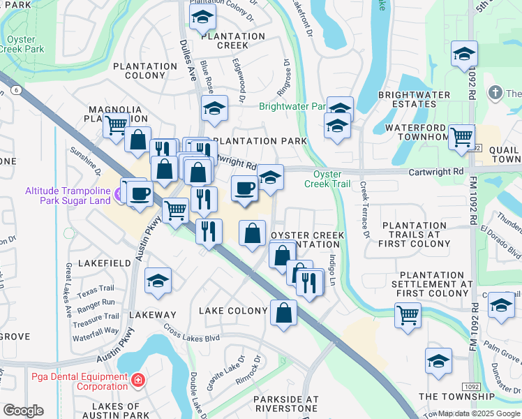 map of restaurants, bars, coffee shops, grocery stores, and more near 2974-2996 Colonial Lakes Drive in Missouri City