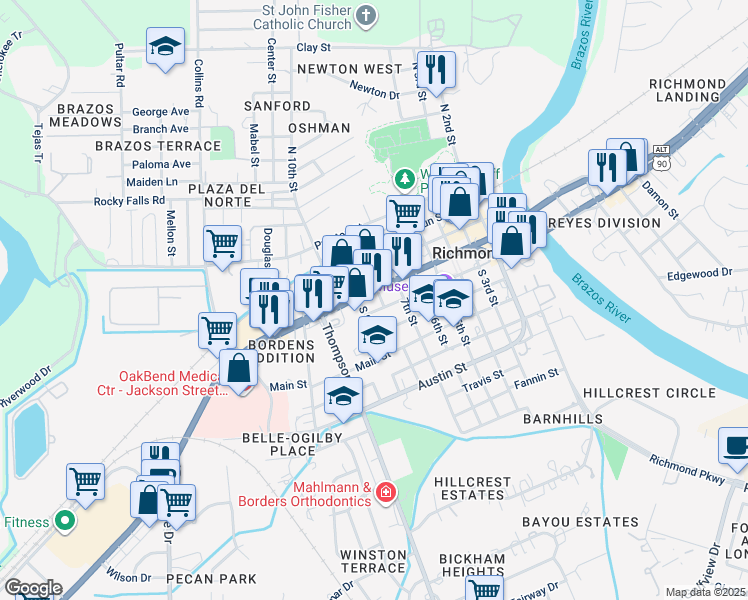 map of restaurants, bars, coffee shops, grocery stores, and more near 710 Houston Street in Richmond
