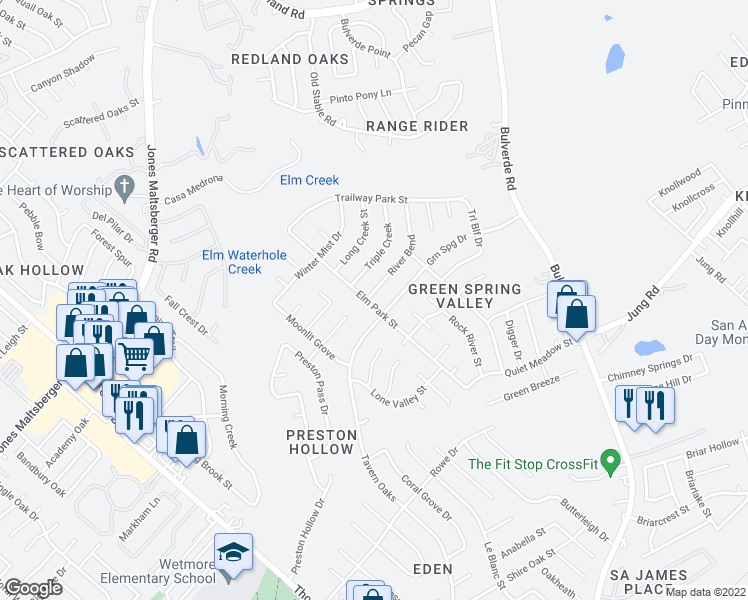 map of restaurants, bars, coffee shops, grocery stores, and more near 15402 River Bend in San Antonio