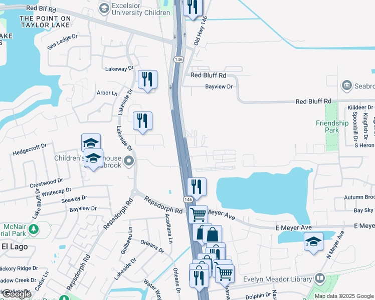 map of restaurants, bars, coffee shops, grocery stores, and more near 2102 Seabrook Circle in Seabrook