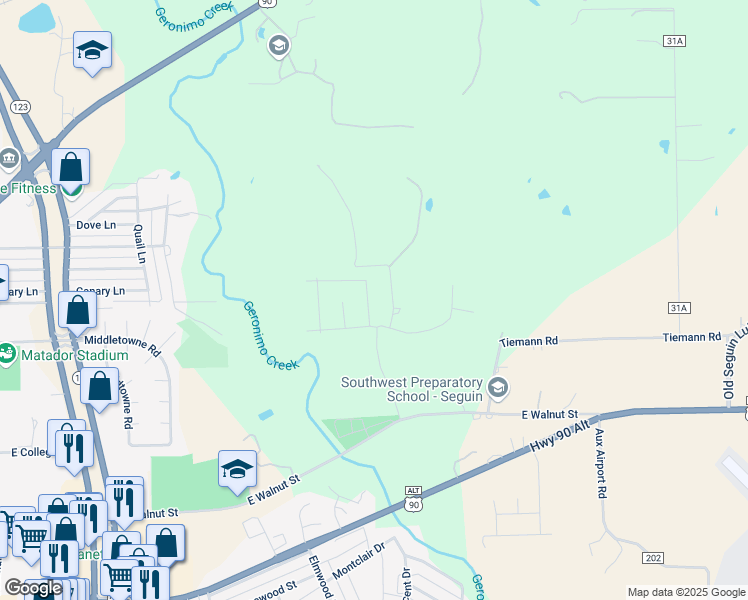 map of restaurants, bars, coffee shops, grocery stores, and more near 1209 Windy Dawn in Seguin