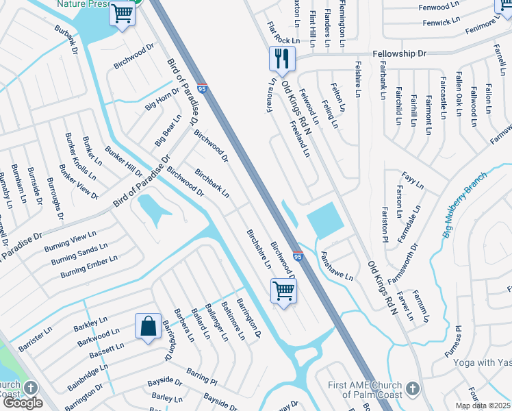 map of restaurants, bars, coffee shops, grocery stores, and more near 51 Birchwood Drive in Palm Coast