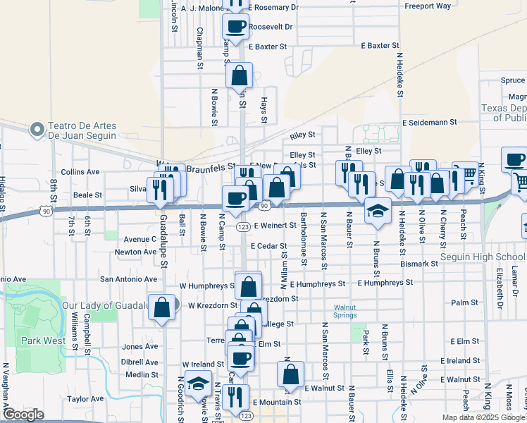 map of restaurants, bars, coffee shops, grocery stores, and more near 216 East Weinert Street in Seguin