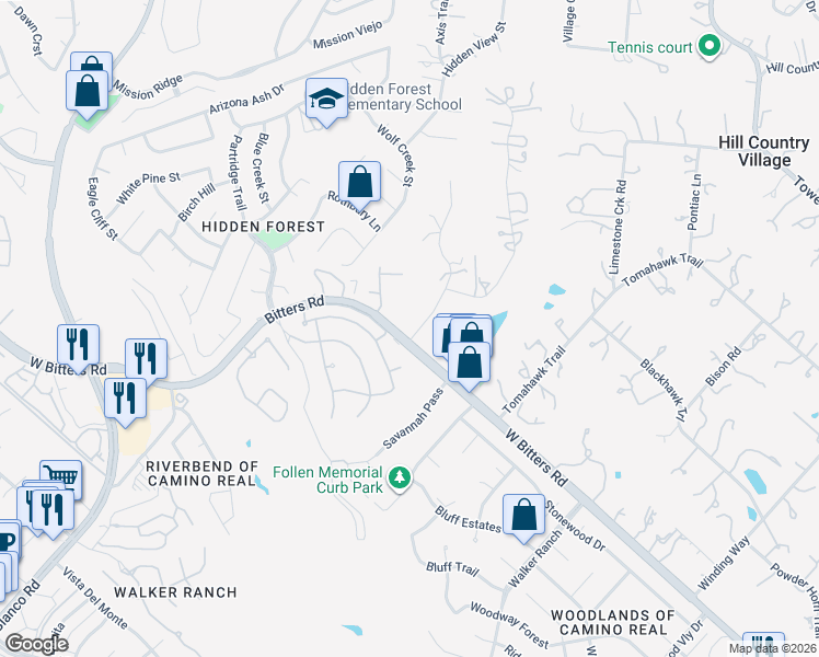 map of restaurants, bars, coffee shops, grocery stores, and more near 13601 Treasure Trail Drive in San Antonio