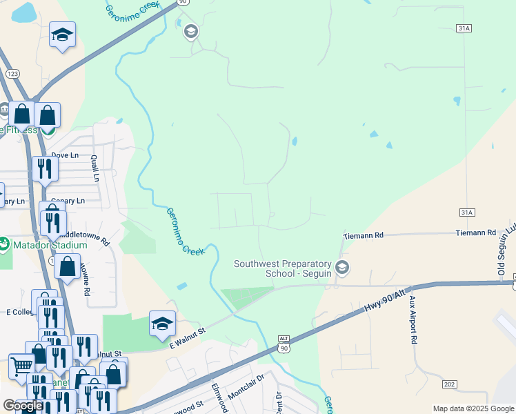 map of restaurants, bars, coffee shops, grocery stores, and more near 1209 Windy Dawn in Seguin