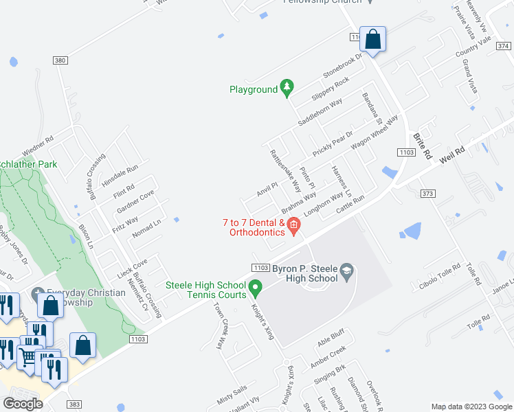 map of restaurants, bars, coffee shops, grocery stores, and more near 112 Angus Way in Cibolo
