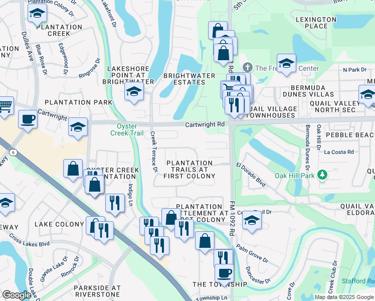 map of restaurants, bars, coffee shops, grocery stores, and more near 2602 Creek Terrace Drive in Missouri City