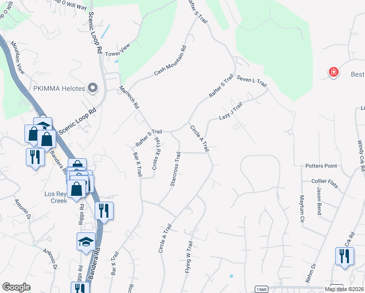 map of restaurants, bars, coffee shops, grocery stores, and more near 10214 Rafter O Trail in Helotes