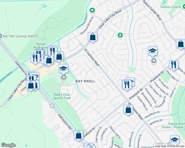 map of restaurants, bars, coffee shops, grocery stores, and more near 14514 Hillside Hickory Court in Houston