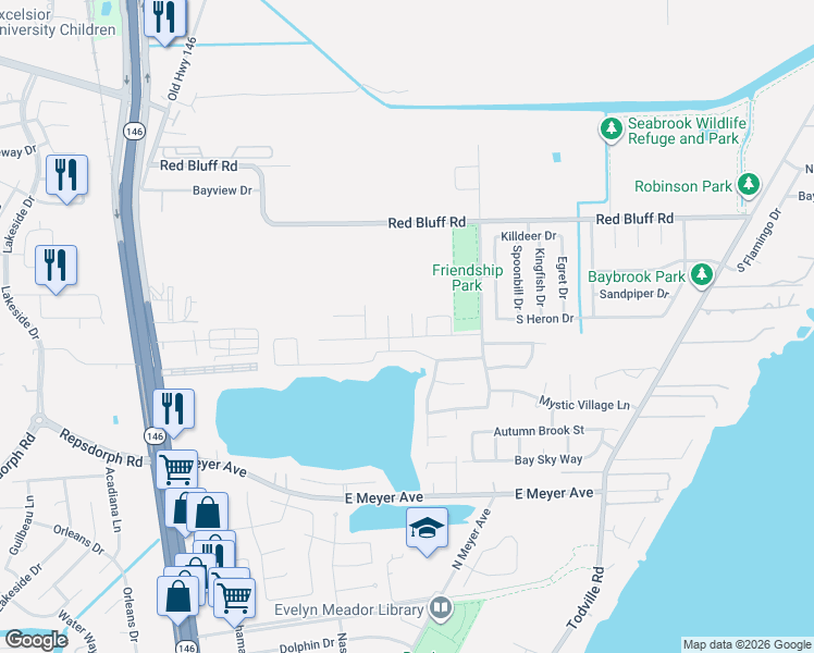 map of restaurants, bars, coffee shops, grocery stores, and more near 1309 Lake Mija Court in Seabrook