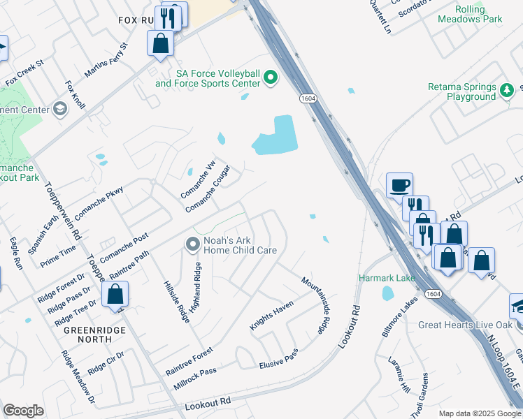 map of restaurants, bars, coffee shops, grocery stores, and more near 7322 Raintree Forest in San Antonio