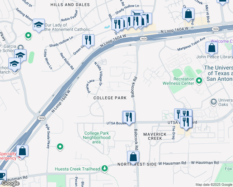 map of restaurants, bars, coffee shops, grocery stores, and more near 7425 University Row in San Antonio