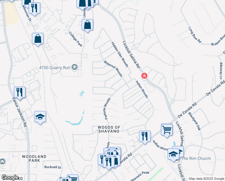 map of restaurants, bars, coffee shops, grocery stores, and more near 4502 Western Pine Woods in San Antonio