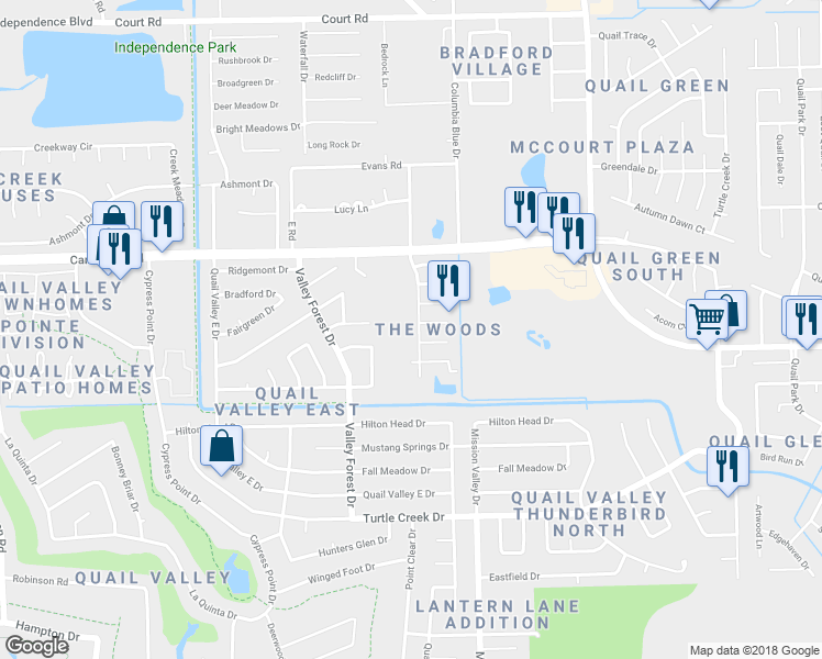 map of restaurants, bars, coffee shops, grocery stores, and more near 2306 Hawks Road in Missouri City