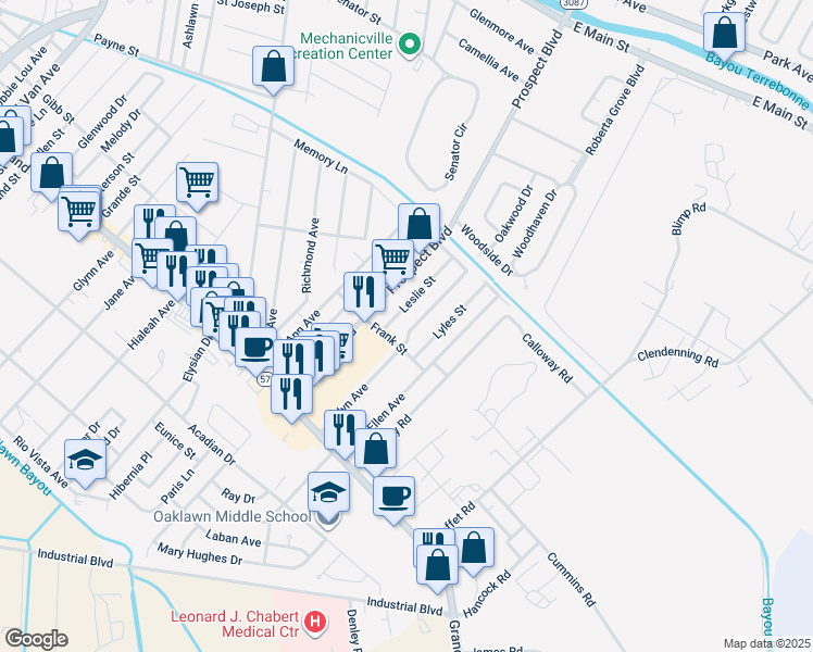 map of restaurants, bars, coffee shops, grocery stores, and more near 207 Evelyn Avenue in Houma
