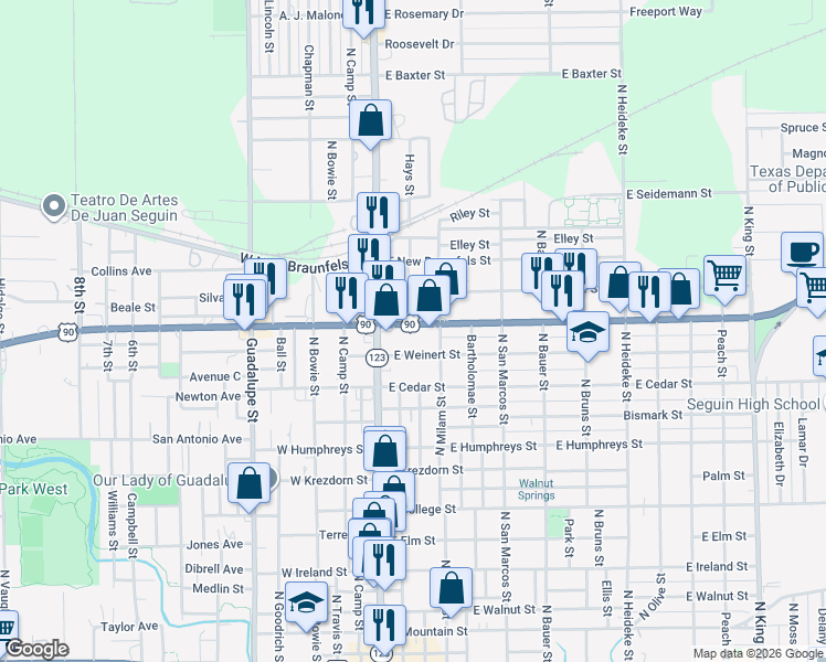 map of restaurants, bars, coffee shops, grocery stores, and more near 216 East Weinert Street in Seguin
