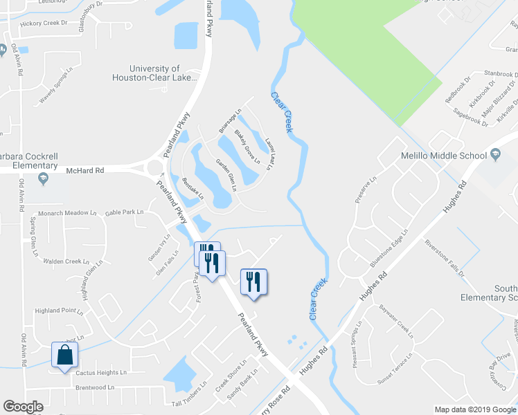map of restaurants, bars, coffee shops, grocery stores, and more near 1609 Garden Glen Lane in Pearland