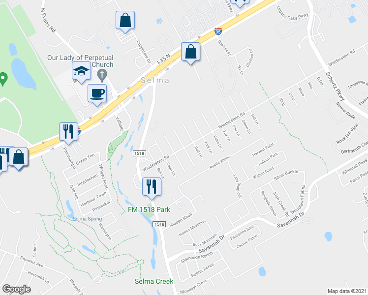 map of restaurants, bars, coffee shops, grocery stores, and more near Albrecht Lane in Selma