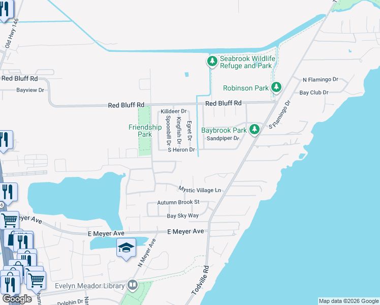 map of restaurants, bars, coffee shops, grocery stores, and more near 1309 South Heron Drive in Seabrook