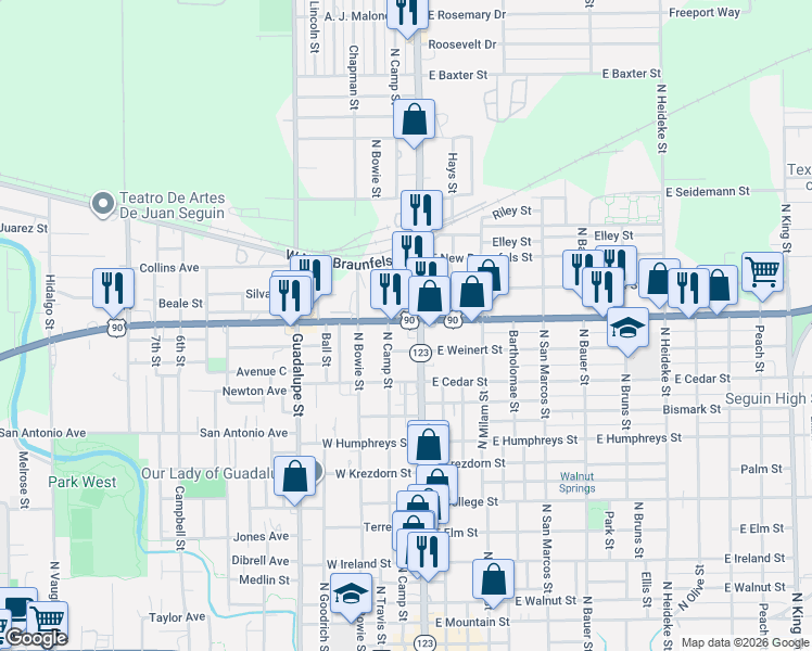 map of restaurants, bars, coffee shops, grocery stores, and more near 109 West Kingsbury Street in Seguin