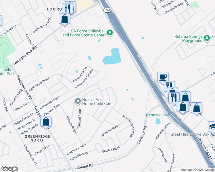 map of restaurants, bars, coffee shops, grocery stores, and more near 7231 Raintree Forest in San Antonio