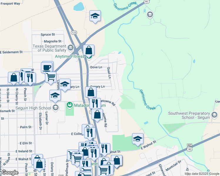 map of restaurants, bars, coffee shops, grocery stores, and more near 214 Coventry Lane in Seguin