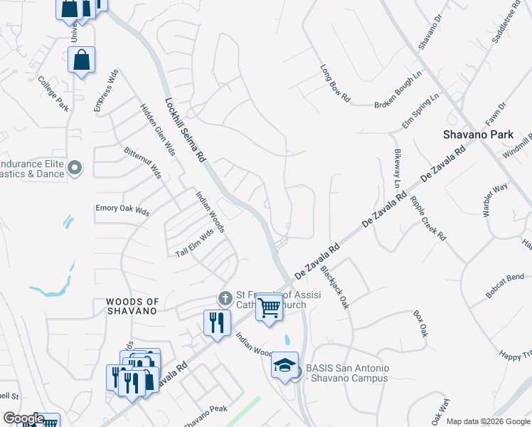 map of restaurants, bars, coffee shops, grocery stores, and more near 103 Hampton Way in Shavano Park