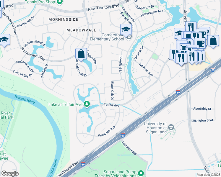 map of restaurants, bars, coffee shops, grocery stores, and more near 2202 Black Oak Drive in Sugar Land