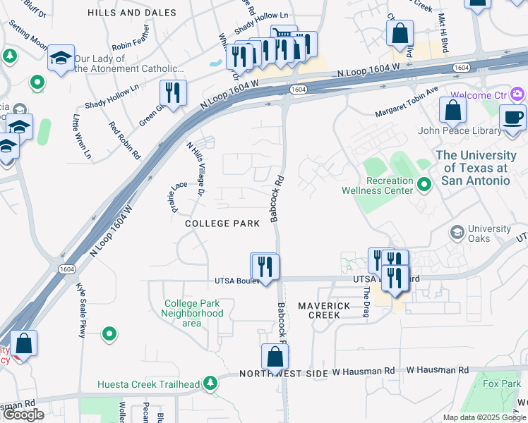 map of restaurants, bars, coffee shops, grocery stores, and more near 7311 University Row in San Antonio