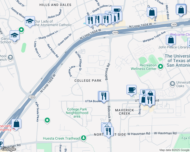 map of restaurants, bars, coffee shops, grocery stores, and more near 7425 University Row in San Antonio