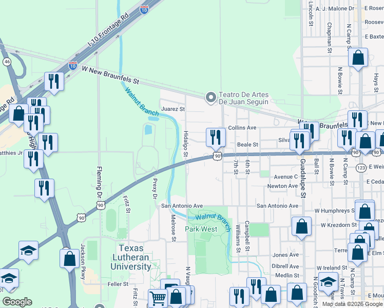 map of restaurants, bars, coffee shops, grocery stores, and more near 955 West Kingsbury Street in Seguin