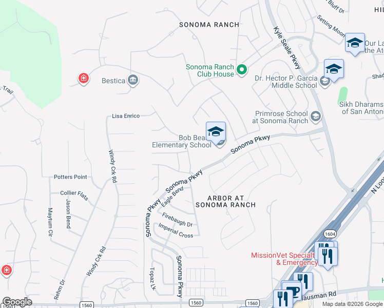 map of restaurants, bars, coffee shops, grocery stores, and more near 14510 Los Lunas Road in Helotes