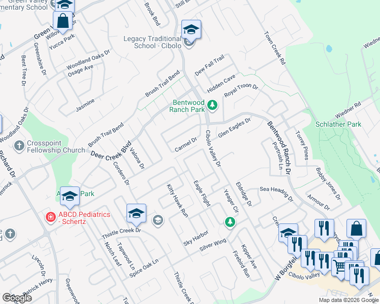 map of restaurants, bars, coffee shops, grocery stores, and more near 405 Willow Loop in Cibolo