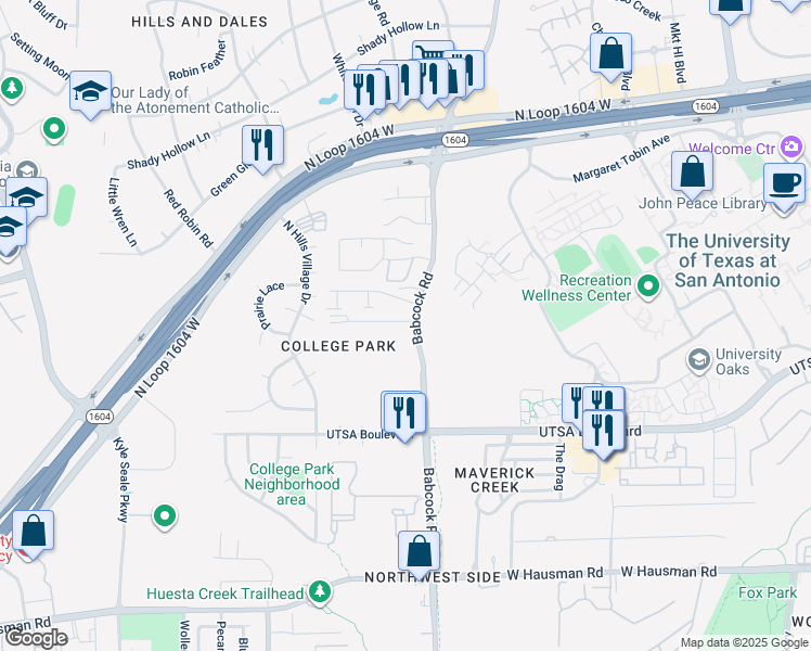 map of restaurants, bars, coffee shops, grocery stores, and more near 7311 University Row in San Antonio