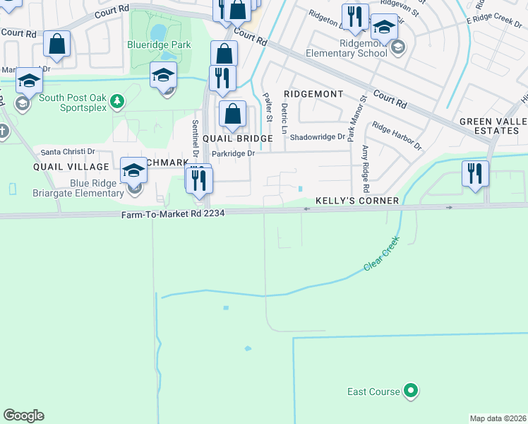 map of restaurants, bars, coffee shops, grocery stores, and more near 5301 Farm-To-Market Road 2234 in Houston