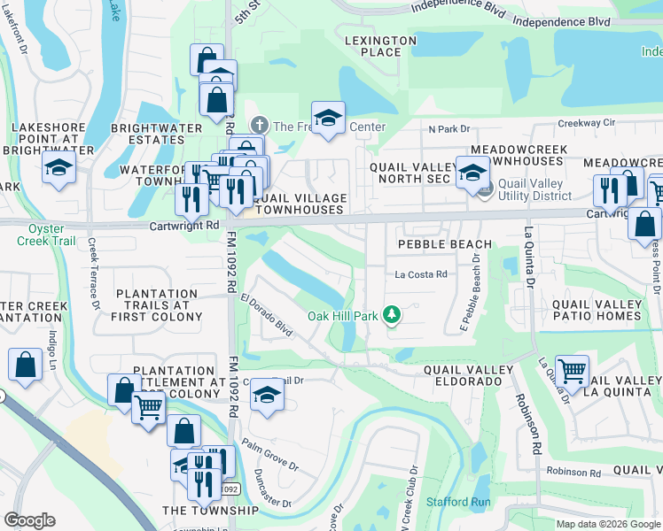 map of restaurants, bars, coffee shops, grocery stores, and more near 3419 Palm Desert Lane in Missouri City